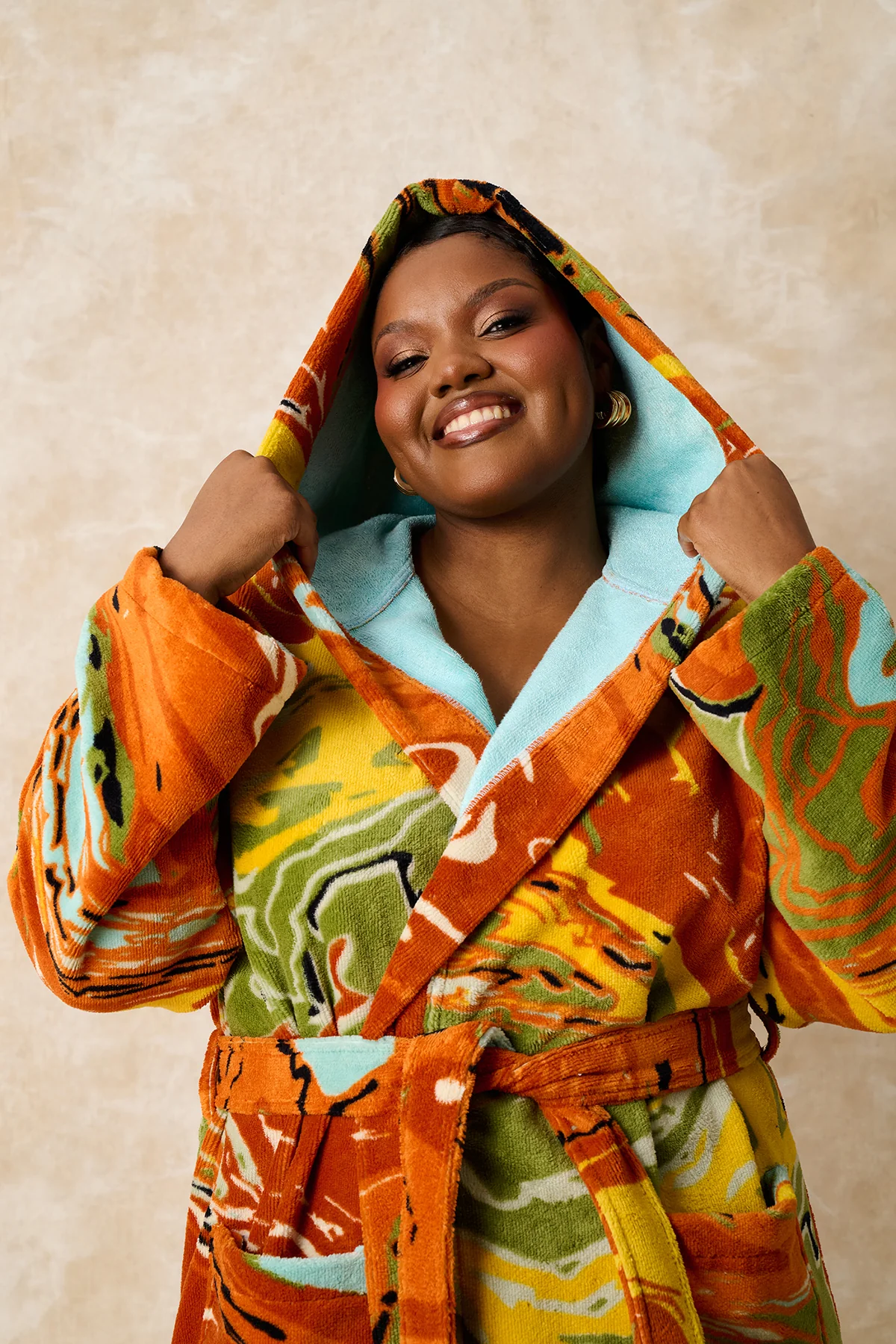 Gaia Hooded Printed Robe - Orange - Image 10