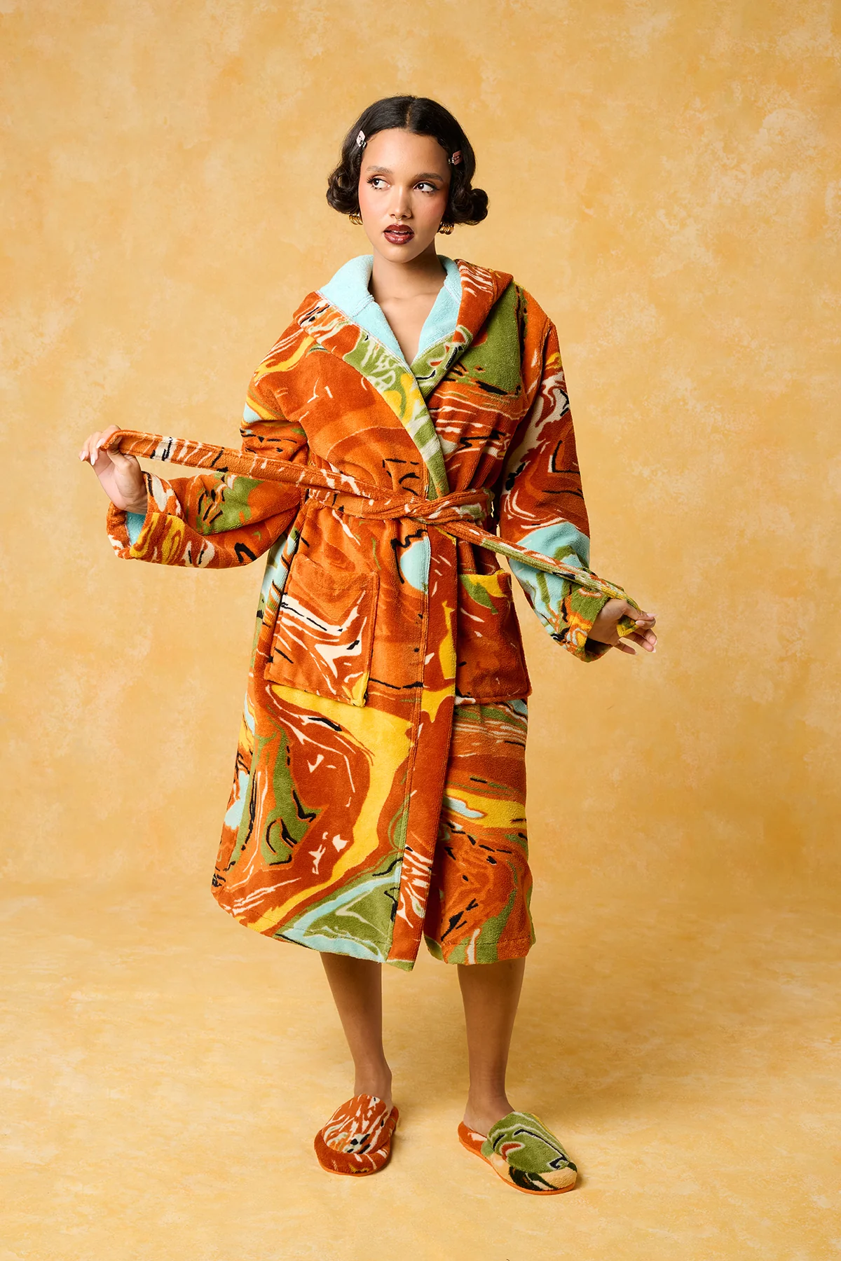 Gaia Hooded Printed Robe - Orange - Image 3