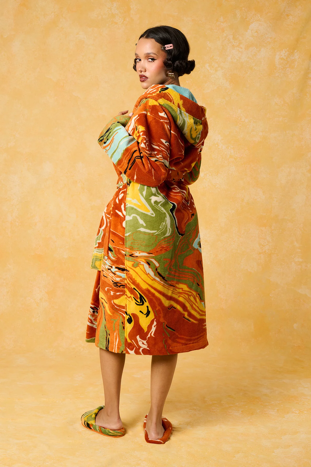 Gaia Hooded Printed Robe - Orange - Image 4