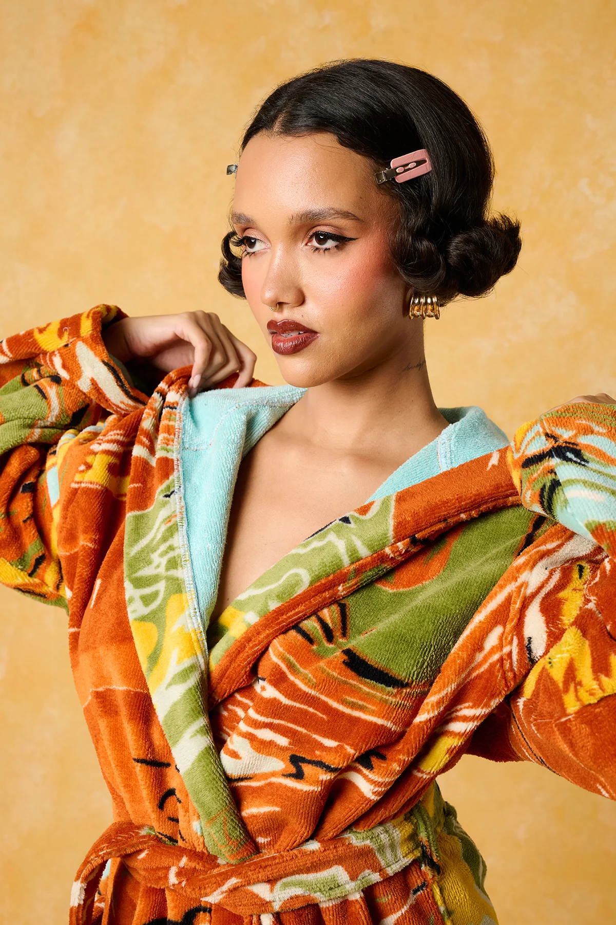 Gaia Hooded Printed Robe - Orange - Image 5