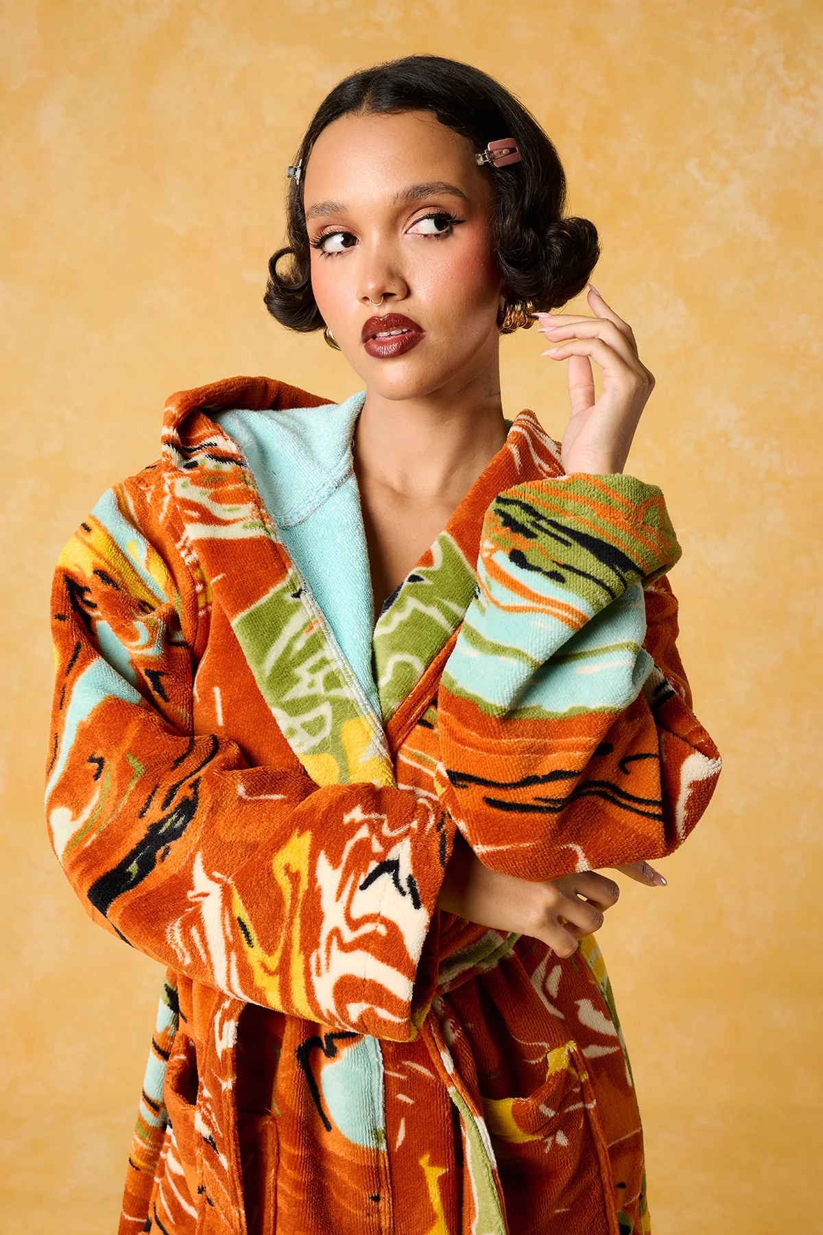 Gaia Hooded Printed Robe - Orange - Image 6