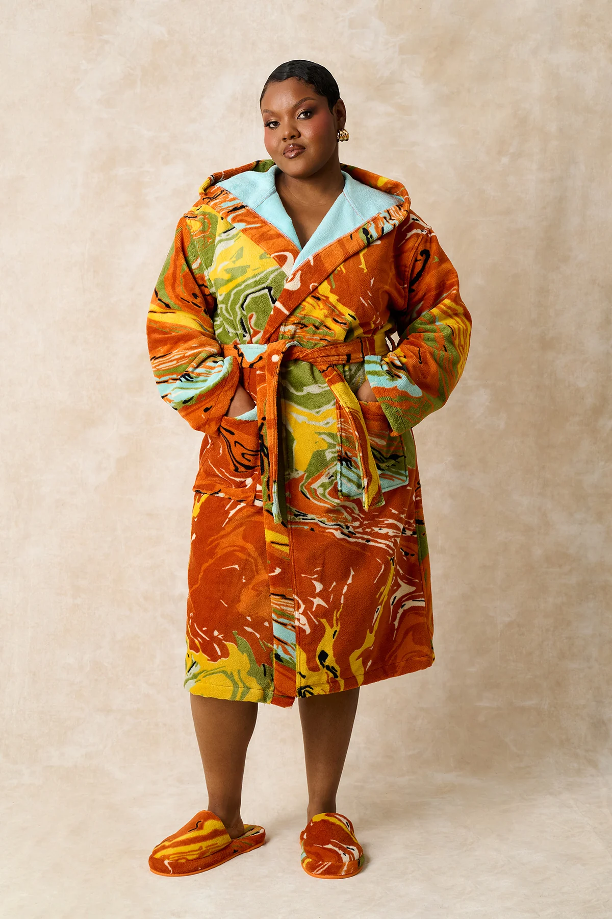 Gaia Hooded Printed Robe - Orange - Image 7