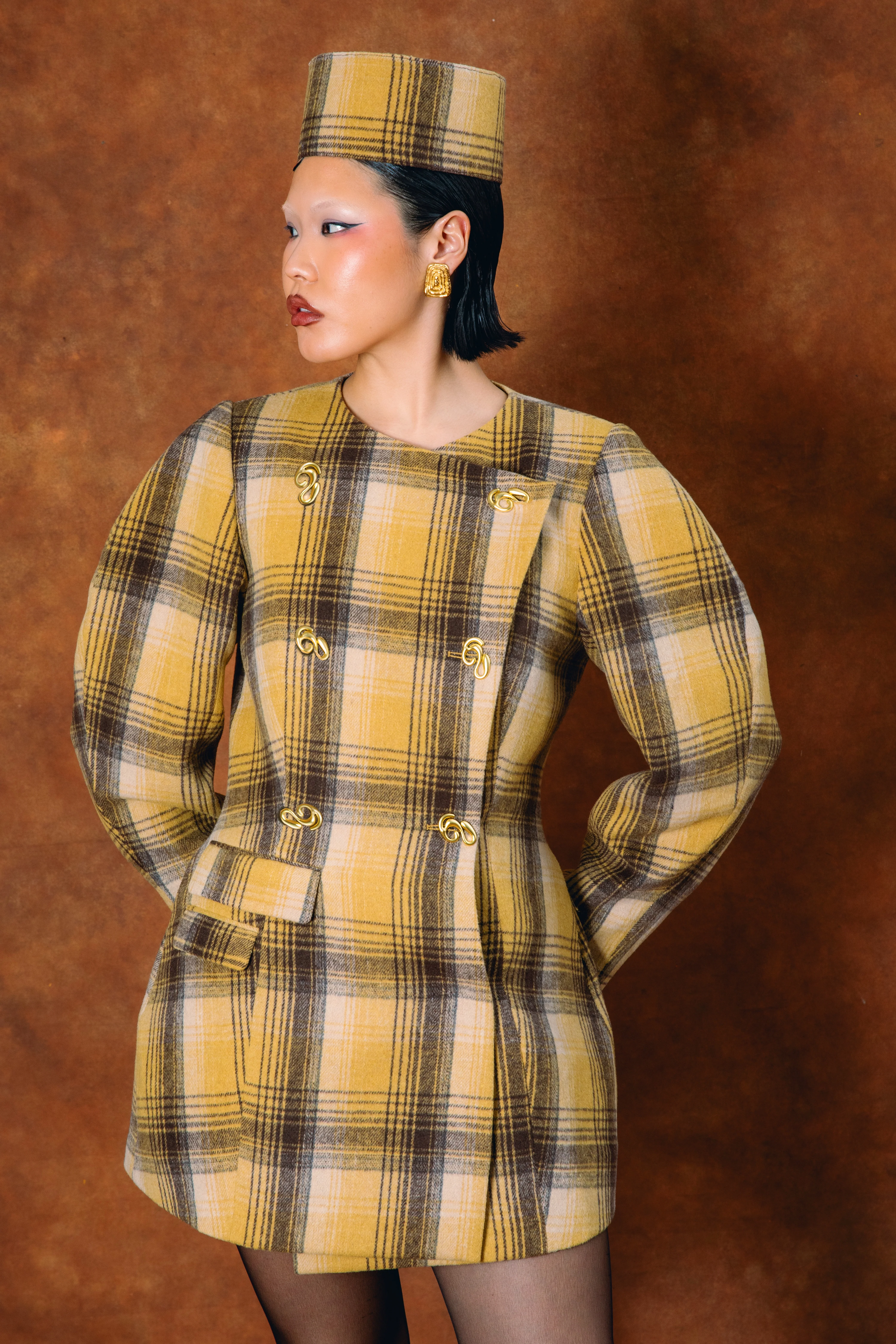 Monroe Checkered Double-Breasted Mini Dress - Gold - Image 4