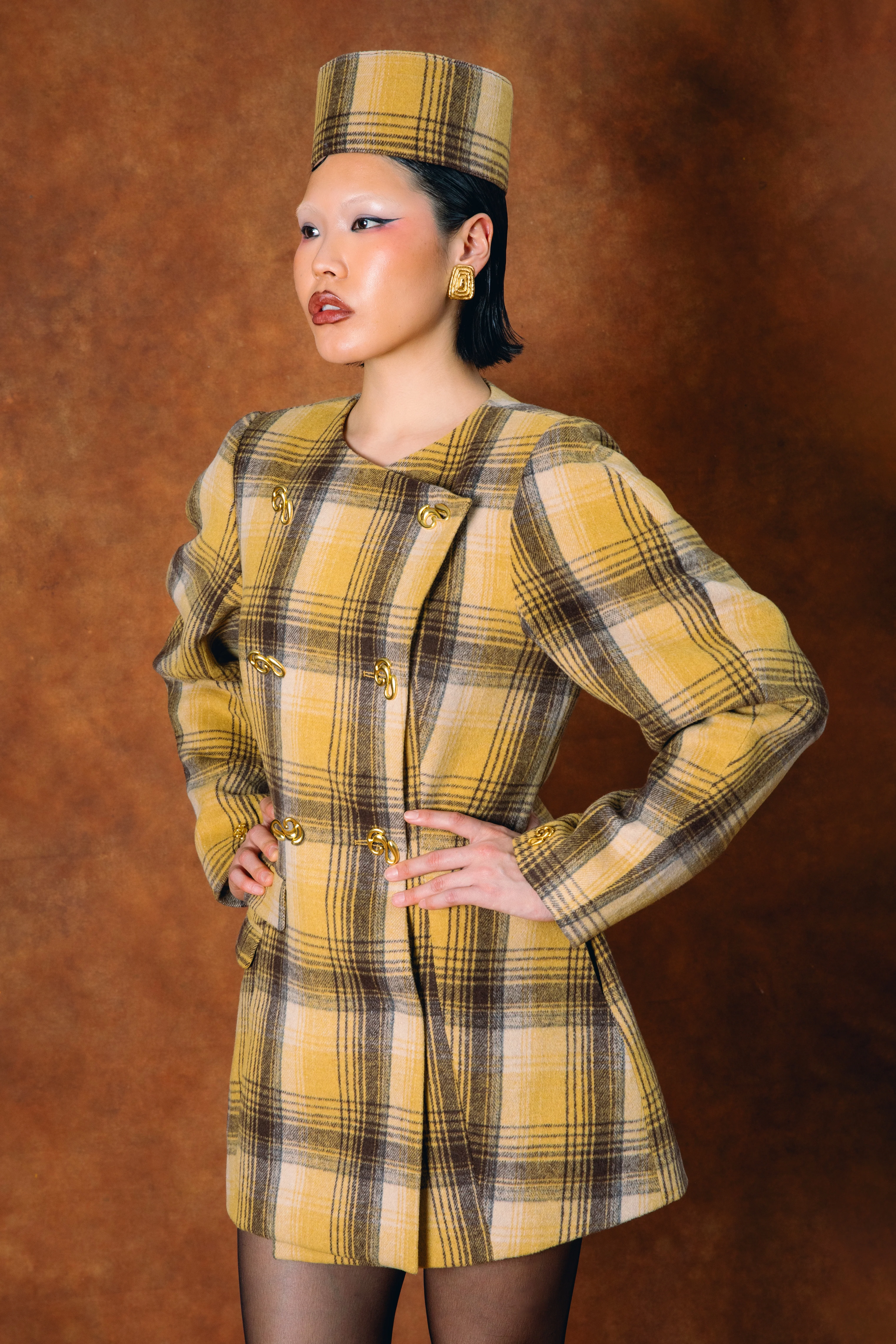 Monroe Checkered Double-Breasted Mini Dress - Gold - Image 6