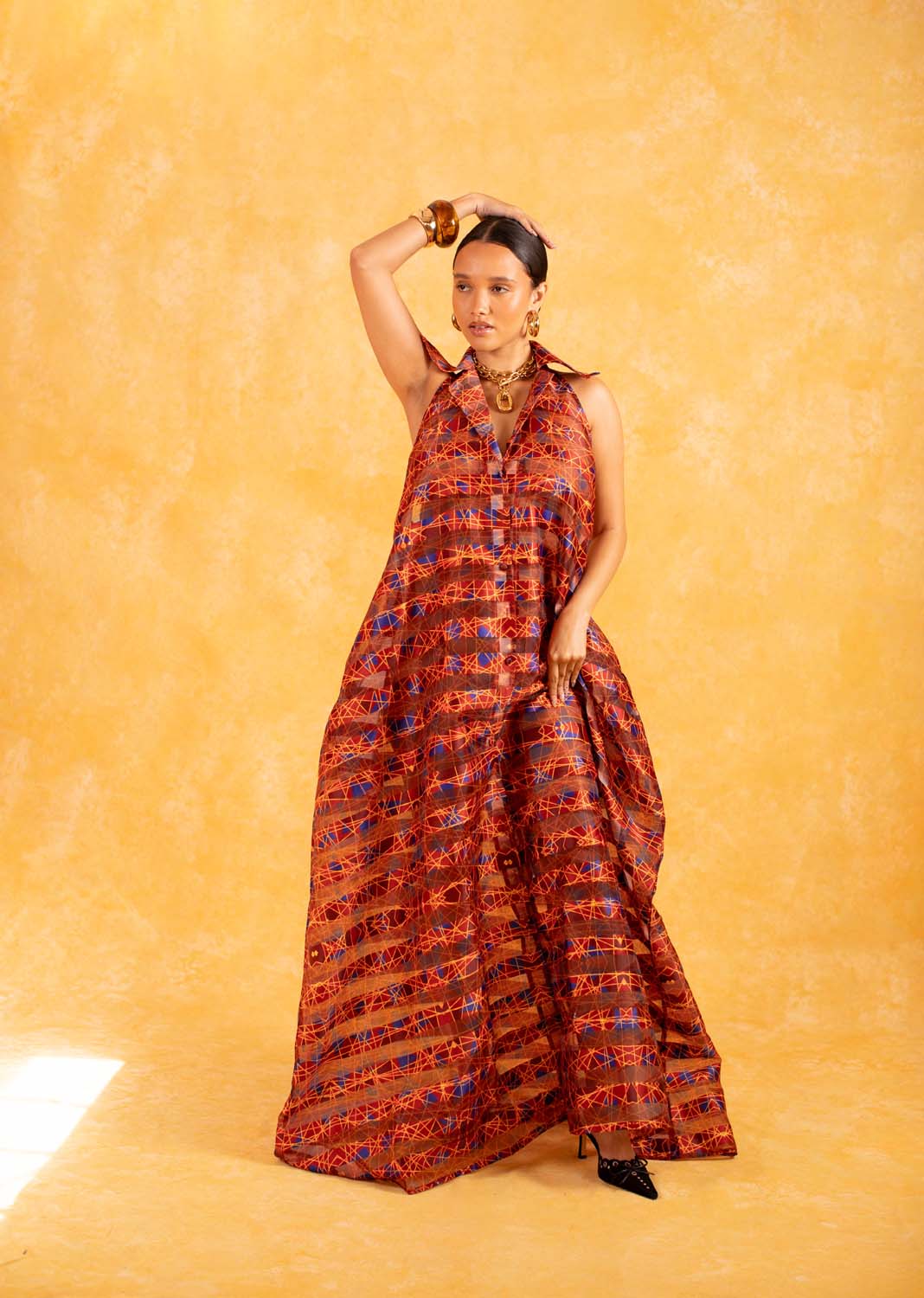 Naya Technical Organza Halter Low Back Shirt Dress - Burgundy - Image 3