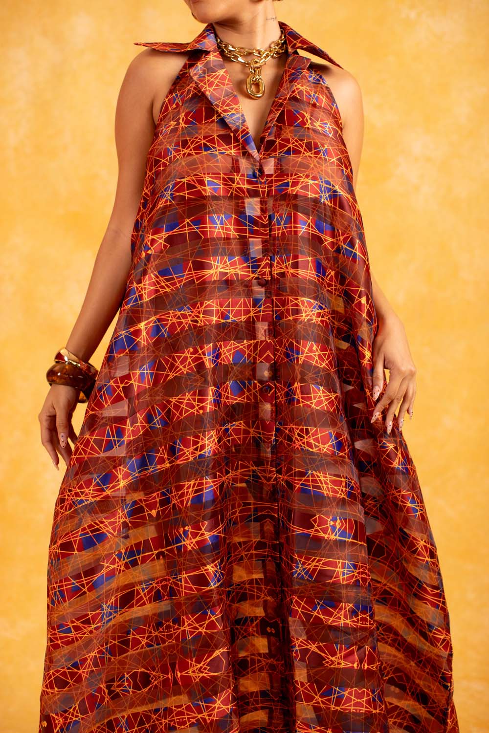 Naya Technical Organza Halter Low Back Shirt Dress - Burgundy - Image 4