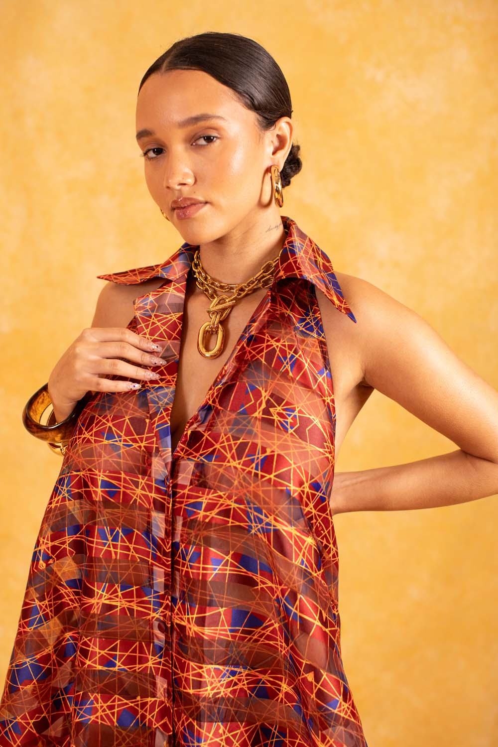 Naya Technical Organza Halter Low Back Shirt Dress - Burgundy - Image 7