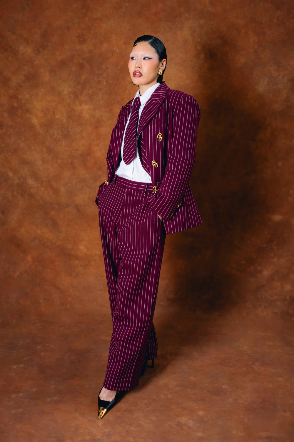 Robyn Double-Breasted Pinstripe Blazer - Bordeaux - Image 8
