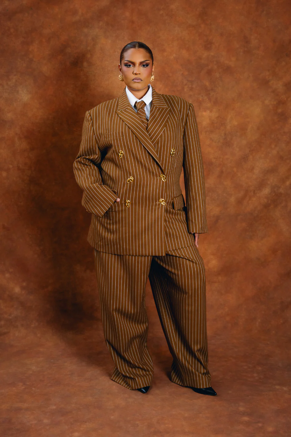 Robyn Double-Breasted Pinstripe Blazer - Caramel - Image 4