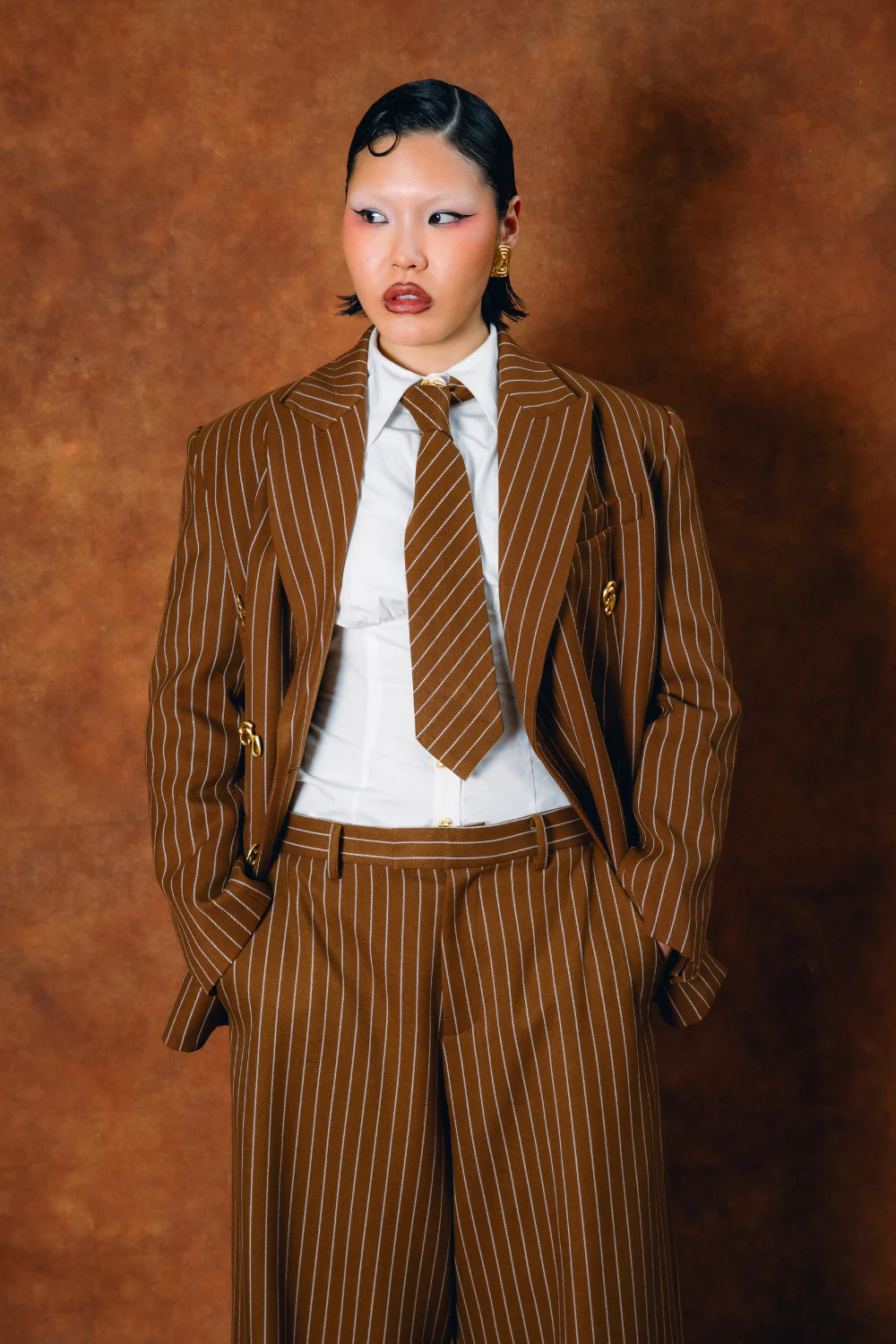 Robyn Double-Breasted Pinstripe Blazer - Caramel - Image 7
