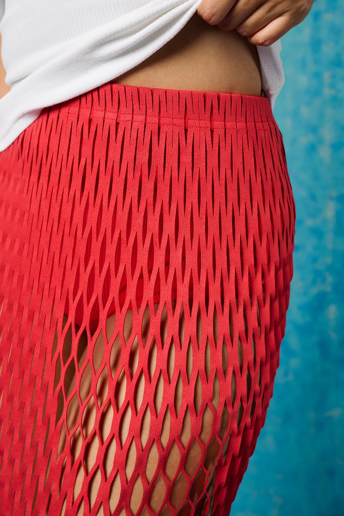Yumi Faux Suede Laser Cut Skirt - Red - Image 4