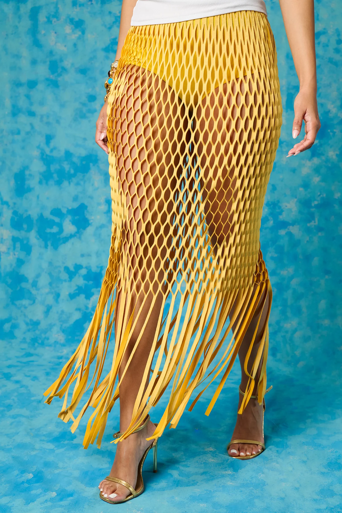 Yumi Faux Suede Laser Cut Skirt - Yellow - Image 4